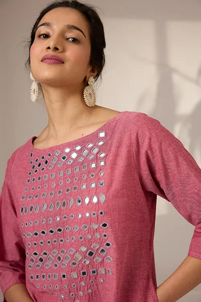 Okhai 'Potpourri' Pure Cotton Hand Embroidered Mirror Work Kurta