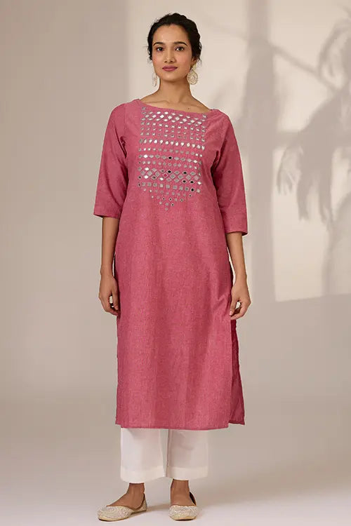 Okhai 'Potpourri' Pure Cotton Hand Embroidered Mirror Work Kurta