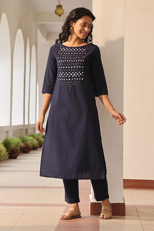 Shinning Stardust Cotton Embroidered Mirror Work Kurta For Women Online