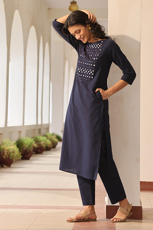 Okhai 'Shinning Stardust' Pure Cotton Hand Embroidered mirrorwork Kurta