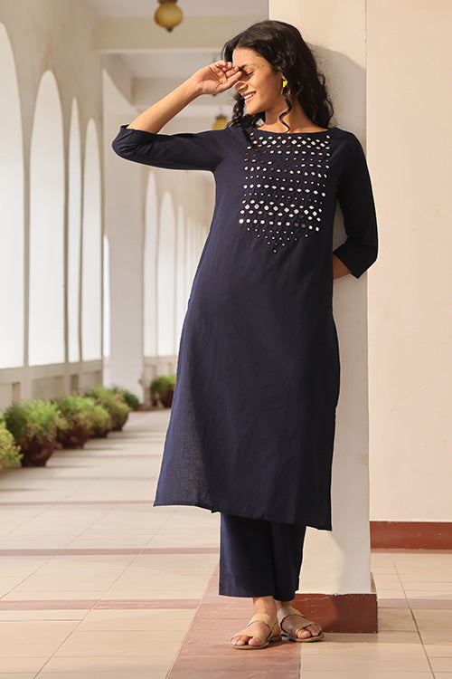 Dark Coffee Brown Silk Mirror Embroidered Kurta
