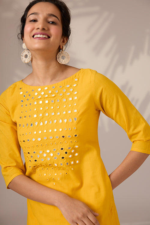 Sunbeam Shine Embroidered Mirrorwork Cotton Long Kurta For Women Online.