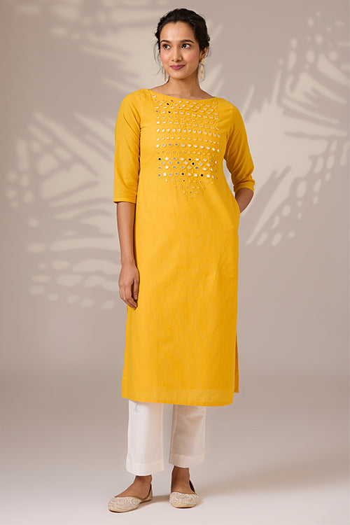 Sunbeam Shine Embroidered Mirrorwork Cotton Long Kurta For Women Online.