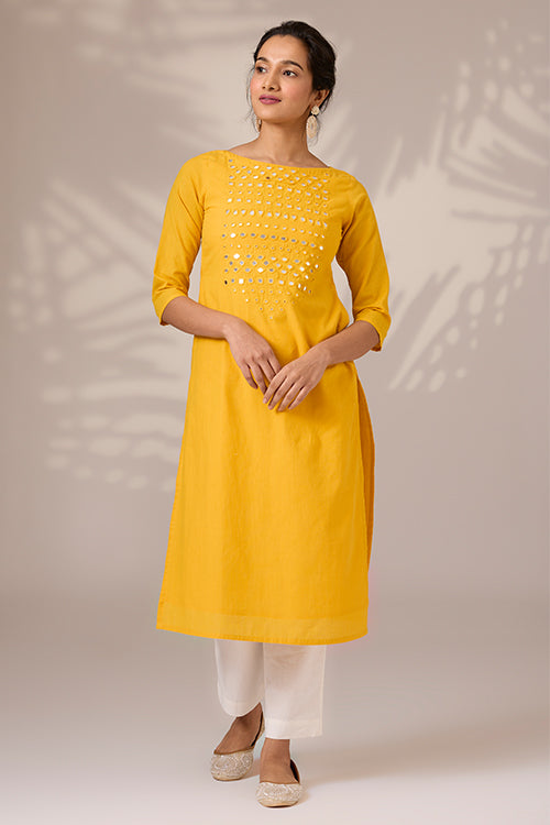 Okhai "Sunbeam Shine" Hand-Embroidered Mirrorwork Pure Cotton Long Kurta