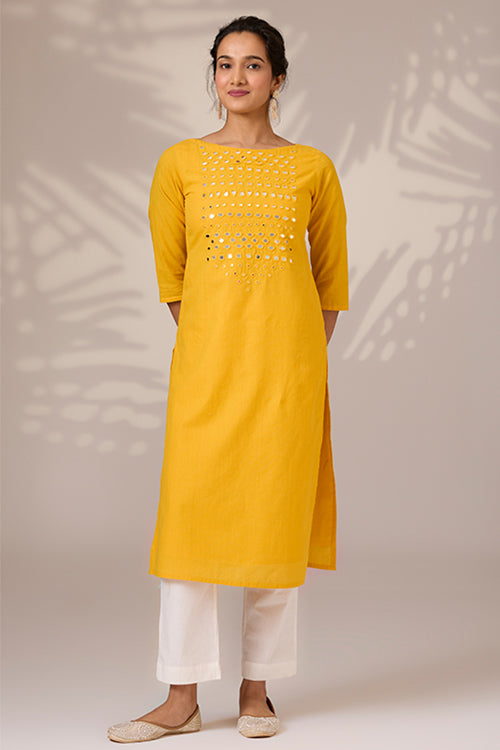 Okhai "Sunbeam Shine" Hand-Embroidered Mirrorwork Pure Cotton Long Kurta