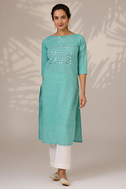 Okhai "Lumino" Hand-Embroidered Mirrorwork Pure Cotton Long Kurta