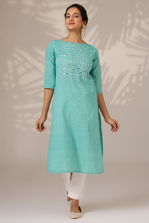 Okhai "Lumino" Hand-Embroidered Mirrorwork Pure Cotton Long Kurta