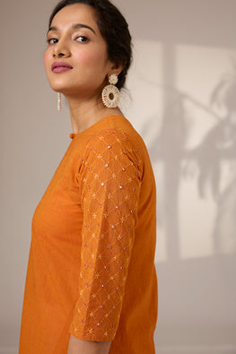 Nectarine Embroidered Mirrorwork Cotton Long Kurta For Women Online