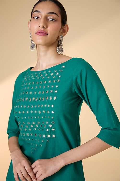 Okhai "Raftaa" Hand-Embroidered and Mirrorwork Pure Cotton Emerald Green Kurta