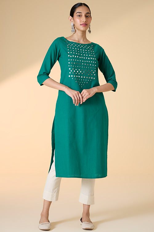 Okhai "Raftaa" Hand-Embroidered and Mirrorwork Pure Cotton Emerald Green Kurta