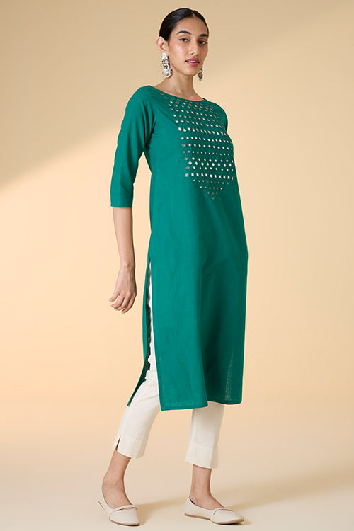 Okhai "Raftaa" Hand-Embroidered and Mirrorwork Pure Cotton Emerald Green Kurta