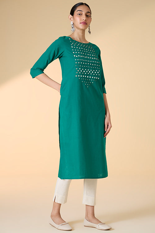 Okhai "Raftaa" Hand-Embroidered and Mirrorwork Pure Cotton Emerald Green Kurta