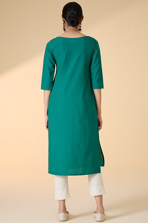Okhai "Raftaa" Hand-Embroidered and Mirrorwork Pure Cotton Emerald Green Kurta
