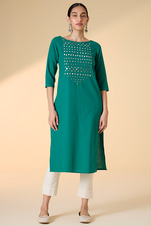 Okhai "Raftaa" Hand-Embroidered and Mirrorwork Pure Cotton Emerald Green Kurta