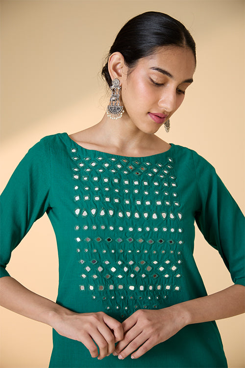 Okhai "Raftaa" Hand-Embroidered and Mirrorwork Pure Cotton Emerald Green Kurta