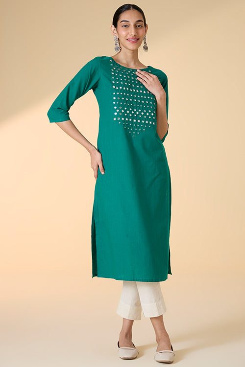 Okhai "Raftaa" Hand-Embroidered and Mirrorwork Pure Cotton Emerald Green Kurta