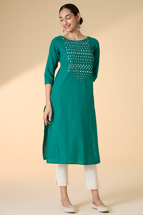 Okhai "Raftaa" Hand-Embroidered and Mirrorwork Pure Cotton Emerald Green Kurta