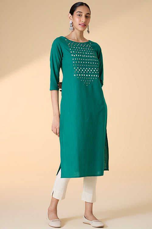 Okhai "Raftaa" Hand-Embroidered and Mirrorwork Pure Cotton Emerald Green Kurta