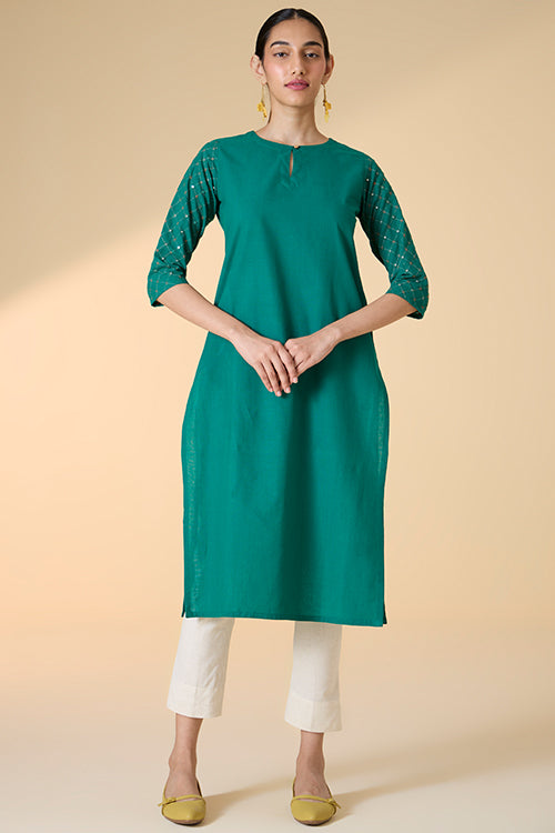 Okhai "Sarang" Hand-Embroidered and Mirrorwork Pure Cotton Emerald Green Kurta