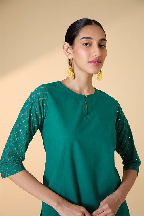 Okhai "Sarang" Hand-Embroidered and Mirrorwork Pure Cotton Emerald Green Kurta