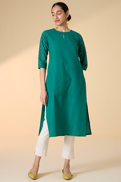 Okhai "Sarang" Hand-Embroidered and Mirrorwork Pure Cotton Emerald Green Kurta