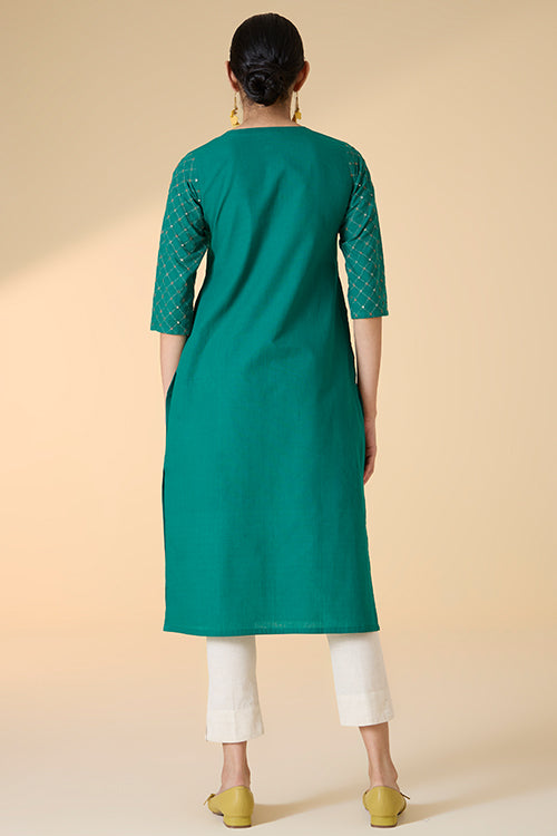 Okhai "Sarang" Hand-Embroidered and Mirrorwork Pure Cotton Emerald Green Kurta