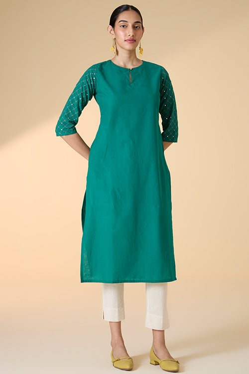 Okhai "Sarang" Hand-Embroidered and Mirrorwork Pure Cotton Emerald Green Kurta