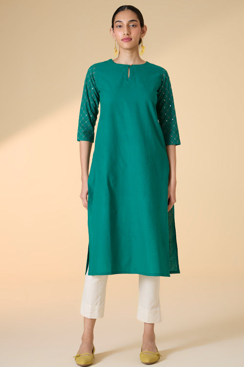 Okhai "Sarang" Hand-Embroidered and Mirrorwork Pure Cotton Emerald Green Kurta