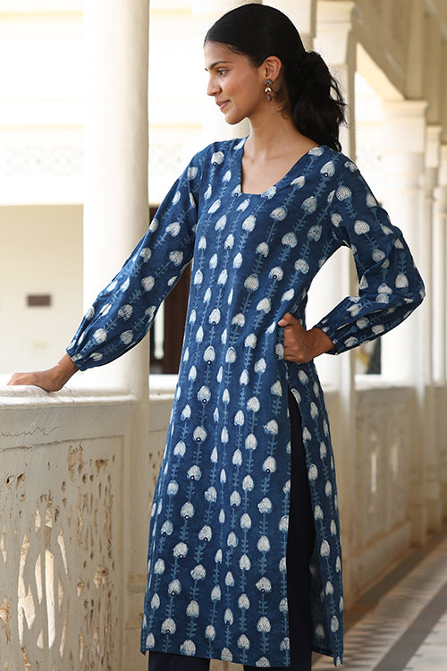 Okhai "Jharna" Hand-Embroidered Mirrorwork Pure Cotton Indigo Kurta