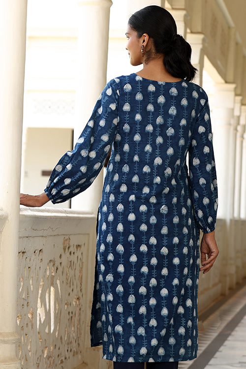 Okhai "Jharna" Hand-Embroidered Mirrorwork Pure Cotton Indigo Kurta