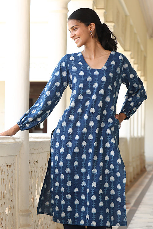 Okhai "Jharna" Hand-Embroidered Mirrorwork Pure Cotton Indigo Kurta