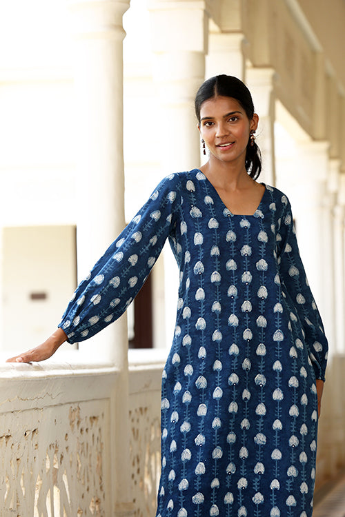 Okhai "Jharna" Hand-Embroidered Mirrorwork Pure Cotton Indigo Kurta