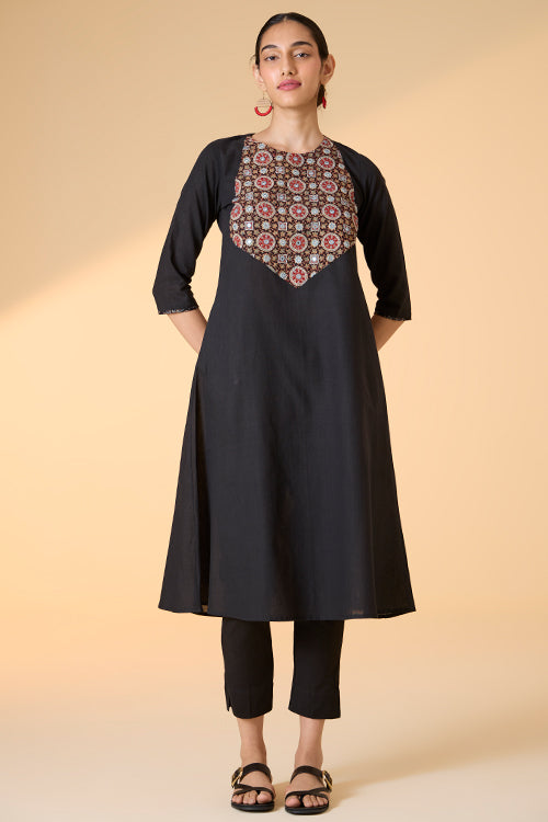 Okhai "Maya" Hand-Embroidered and Mirrorwork Pure Cotton Black Kurta