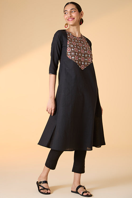 Okhai "Maya" Hand-Embroidered and Mirrorwork Pure Cotton Black Kurta