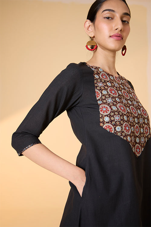 Okhai "Maya" Hand-Embroidered and Mirrorwork Pure Cotton Black Kurta