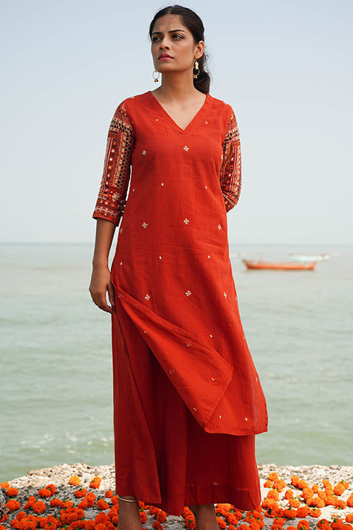 Okhai "Naarang" Hand-Embroidered and Mirror work Pure Cotton V-Neckline Kurta