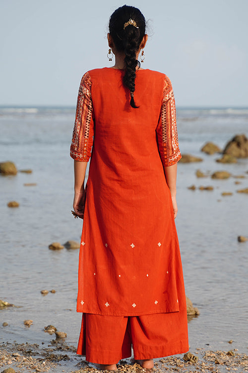 Okhai "Naarang" Hand-Embroidered and Mirror work Pure Cotton V-Neckline Kurta