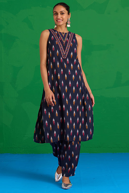 Okhai “Morning Glory” Hand-Embroidered Tikki and Mirror work Ikkat Pure Cotton Kurta