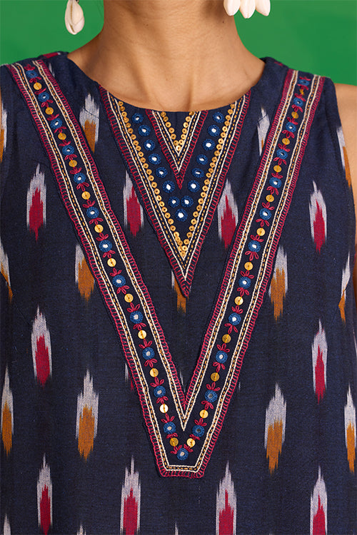 Okhai “Morning Glory” Hand-Embroidered Tikki and Mirror work Ikkat Pure Cotton Kurta