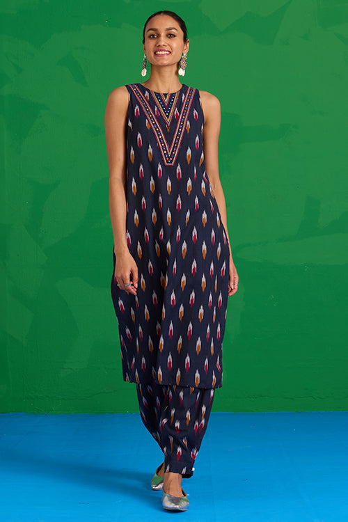 Okhai “Morning Glory” Hand-Embroidered Tikki and Mirror work Ikkat Pure Cotton Kurta