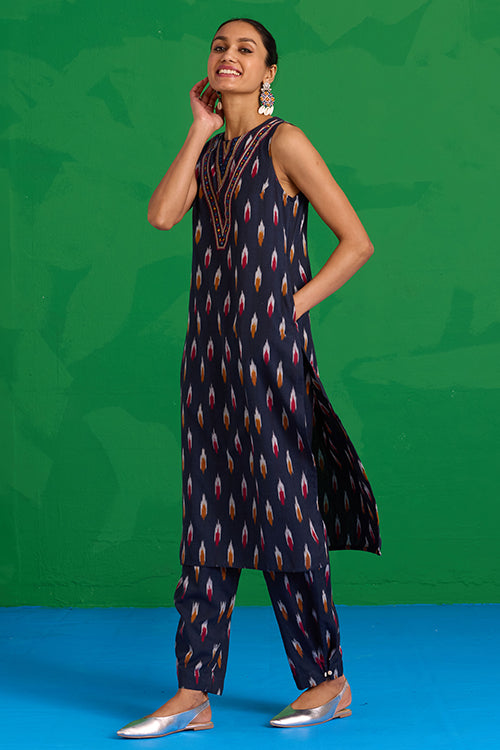 Okhai “Morning Glory” Hand-Embroidered Tikki and Mirror work Ikkat Pure Cotton Kurta