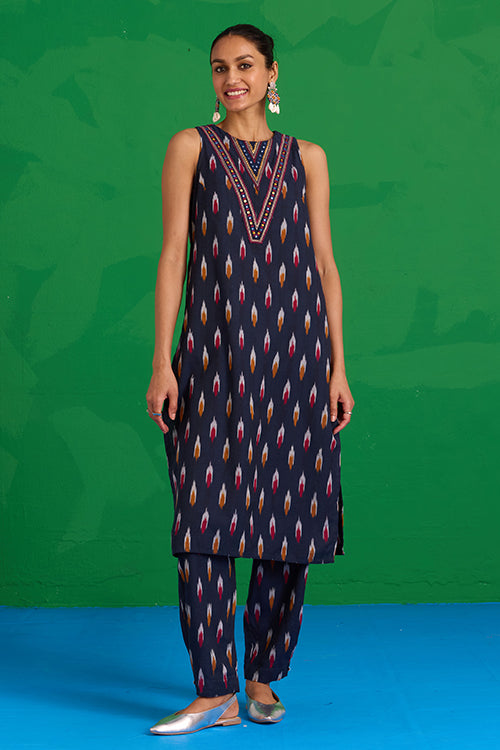 Okhai “Morning Glory” Hand-Embroidered Tikki and Mirror work Ikkat Pure Cotton Kurta