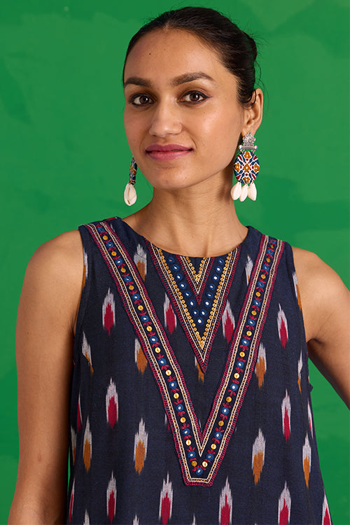 Okhai “Morning Glory” Hand-Embroidered Tikki and Mirror work Ikkat Pure Cotton Kurta
