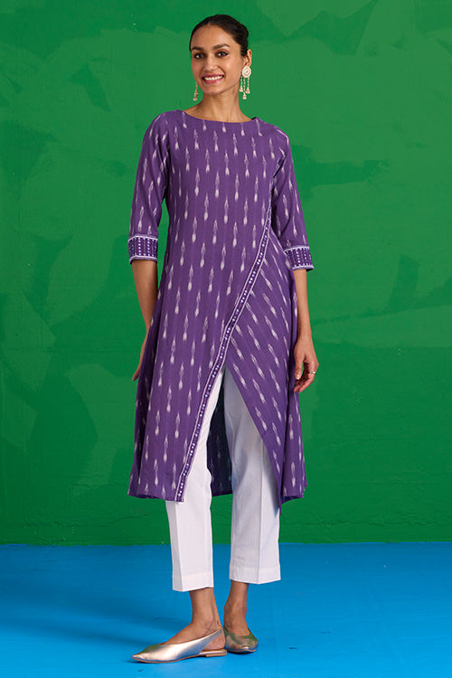 Okhai "Zephyr" Hand-Embroidered Mirrorwork Pure Cotton Ikkat Purple Kurta