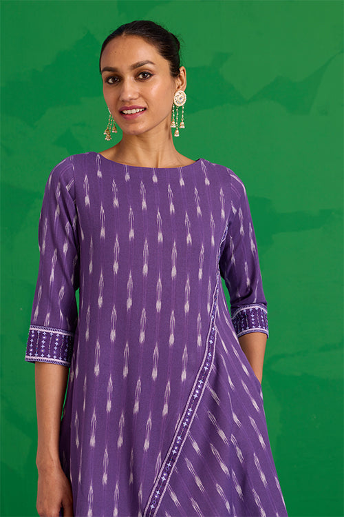 Okhai "Zephyr" Hand-Embroidered Mirrorwork Pure Cotton Ikkat Purple Kurta