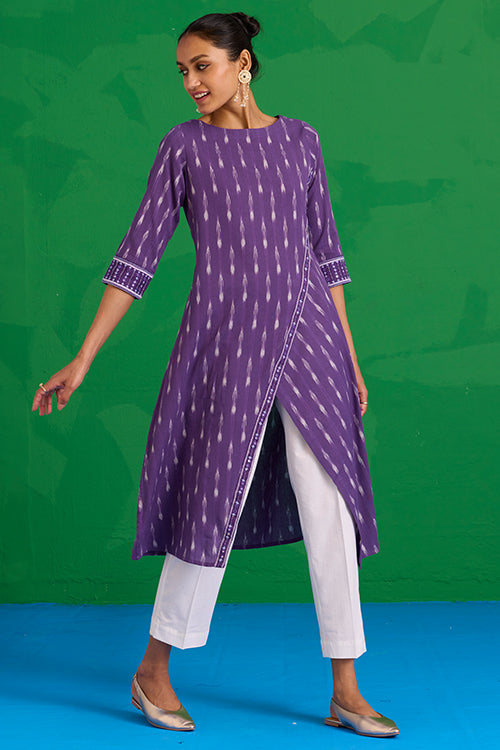 Okhai "Zephyr" Hand-Embroidered Mirrorwork Pure Cotton Ikkat Purple Kurta