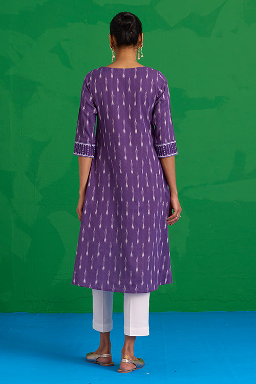 Okhai "Zephyr" Hand-Embroidered Mirrorwork Pure Cotton Ikkat Purple Kurta