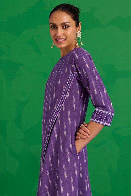 Okhai "Zephyr" Hand-Embroidered Mirrorwork Pure Cotton Ikkat Purple Kurta