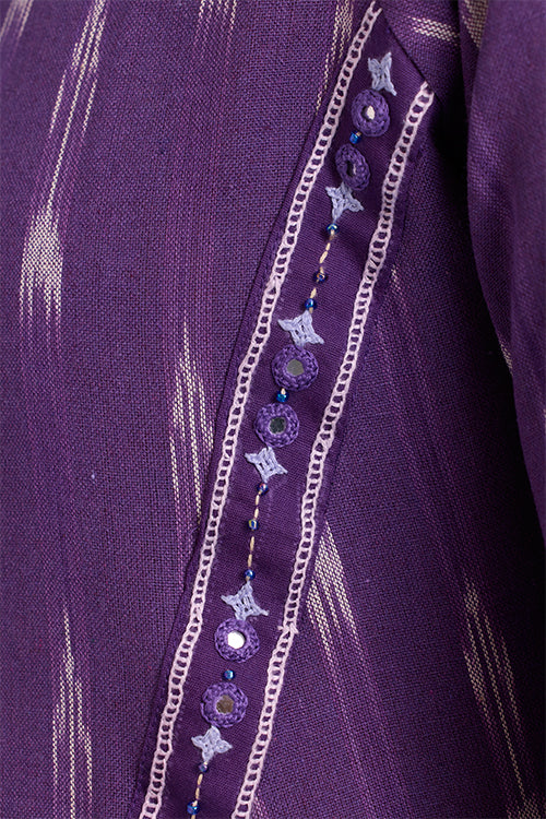 Okhai "Zephyr" Hand-Embroidered Mirrorwork Pure Cotton Ikkat Purple Kurta