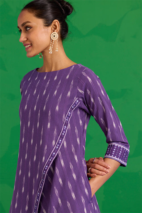 Okhai "Zephyr" Hand-Embroidered Mirrorwork Pure Cotton Ikkat Purple Kurta